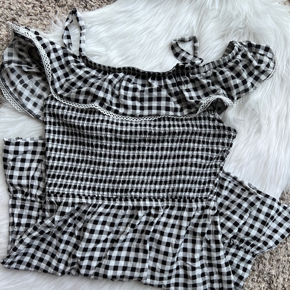 Off the Shoulder Gingham Ruffle Smocked Mini Dress